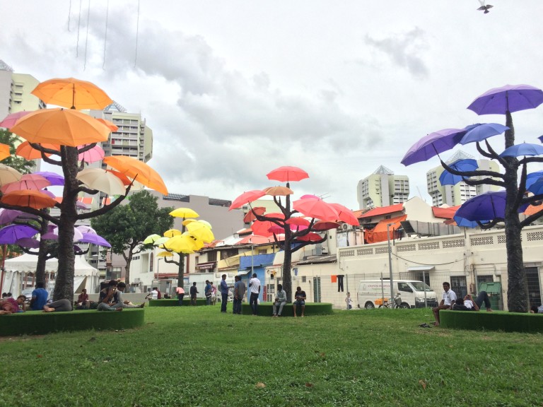 Unique umbrella installations at a park in Little India